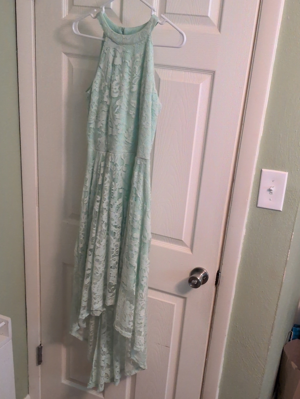 Mint Lace High-Low Halter Dress